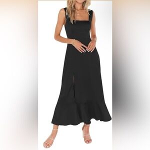 Women’s Elegant Black Sleeveless Dress Square Collar Slim Fit Split Dress Size M